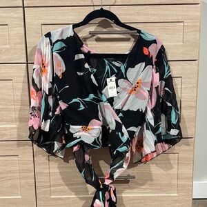 EXPRESS Floral Wrap Crop Top - flare sleeves Sz M